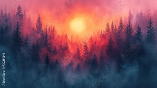  a painting of a sunset in the middle of a forest with trees in the foreground and the sun in the middle of the trees in the middle of the background.