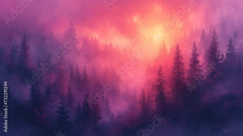  a forest filled with lots of trees covered in a pink and purple foggy sky with the sun shining through the clouds and the trees onlooking in the foreground.