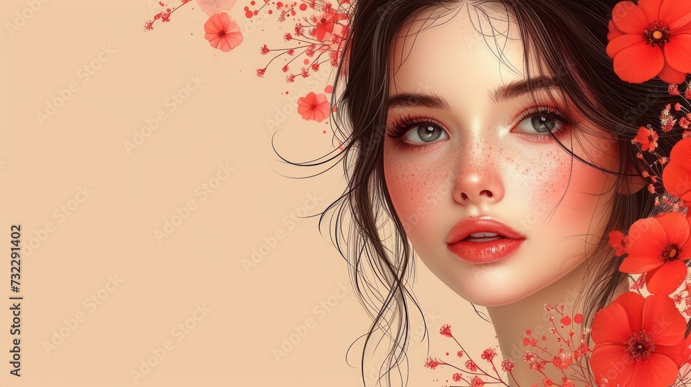a digital painting of a woman's face with red flowers in her hair and a freckle of freckles on her hair and a peach background. a digital painting of a woman's face with red flowers in her hair and a freckle of freckles on her hair and a peach background.