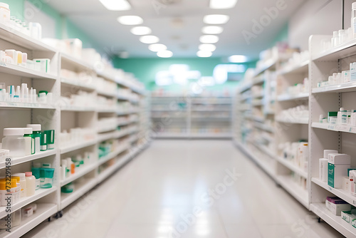 Blurry pharmacy light white tone with store drugs shelves interior background © Design_Stock