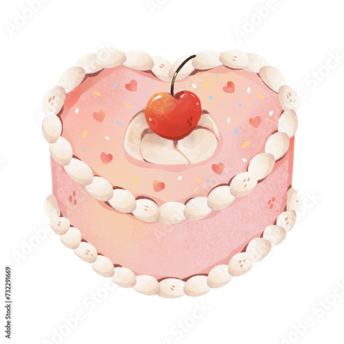 watercolor pink heart-shaped cake with red cherry and sprinkles in Valentine's theme Clipart or PNG
