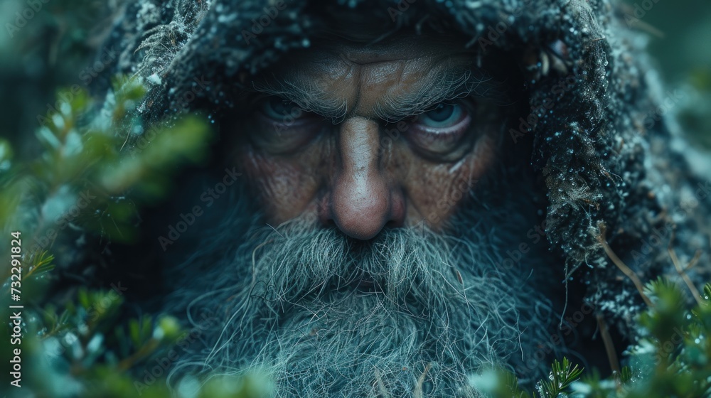 a close up of a man with a long beard and a hood over his face, with a bush in the foreground and a tree in the foreground. a close up of a man with a long beard and a hood over his face, with a bush in the foreground and a tree in the foreground.
