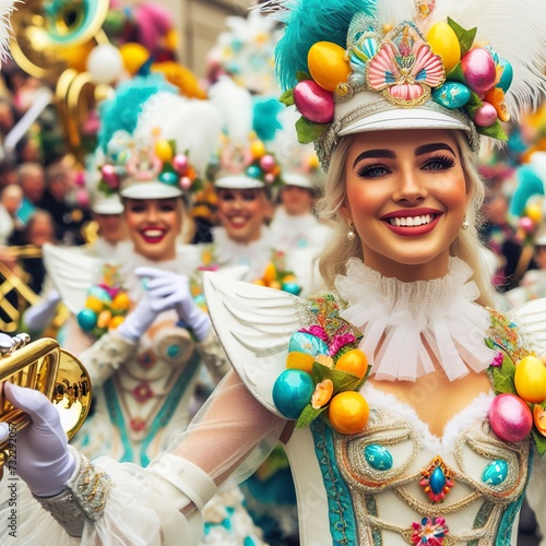 Close-up of a joyful Easter parade featuring marching bands, decorated floats, and participants dressed in vibrant costumes Festive and lively Perfect for Easter parade posters 
