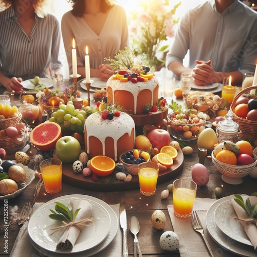 Close-up of a family gathering around a beautifully decorated Easter table with fresh fruits and desserts Warm and inviting Perfect for Easter feast-themed designs 