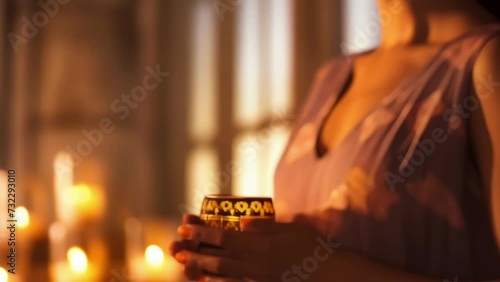 A masseuse about to begin a massage her hands hovering just above the persons back. The lighting is muted and candles are lit around photo