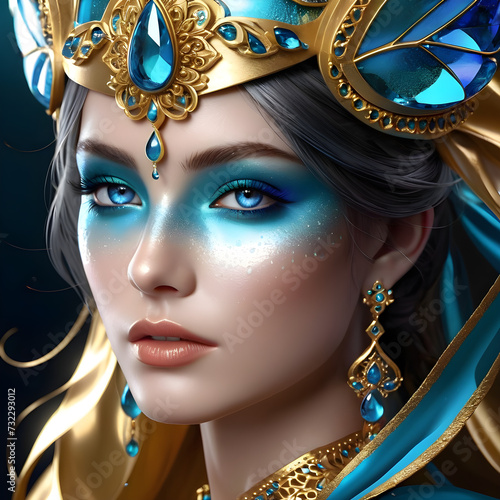 In the mesmerizing realm of art, there exists a captivating image that effortlessly merges elements of gold and blue. It portrays a woman with enchanting blue eyes that seem to hold a depth of secrets photo