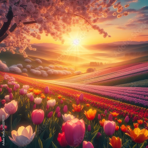 Close-up of a picturesque Easter sunrise illuminating rolling hills dotted with blossoming cherry trees and vibrant tulip fields Serene and breathtaking Ideal for creating a tranquil Easter landscape  © Franco di Giacomo