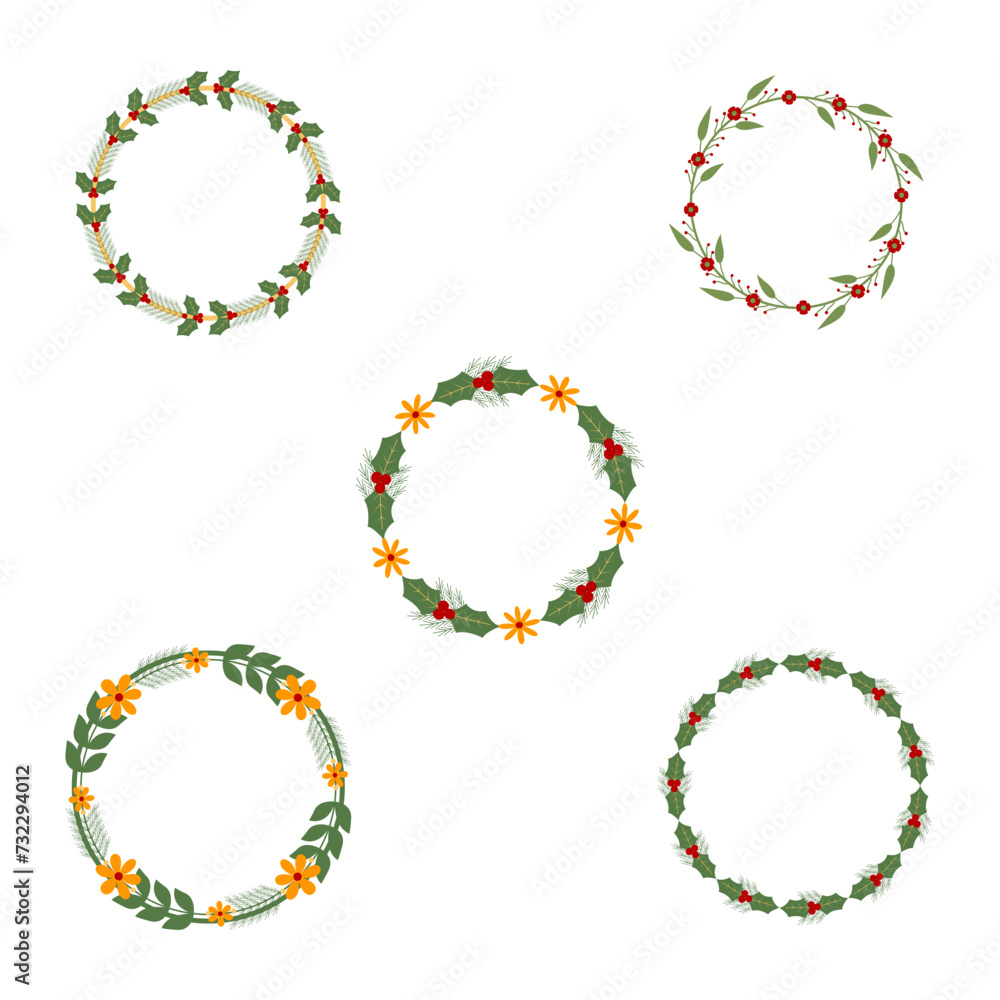 Christmas Wreath On White Background. Vector Icons Set