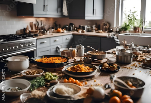 chaotic kitchen scene with overflowing dishes and scattered utensils, a true representation of a cluttered kitchen table. photo