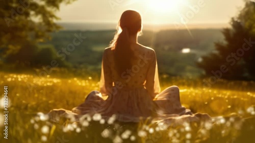 An openhearted woman sits crosslegged on a lush grassy knoll the golden sun illuminating her gentle glow of credibility . photo