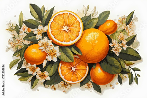 oranges, orange pieces, orange cloves, orange juice, natural oranges, oranges on a white background on generative AI 