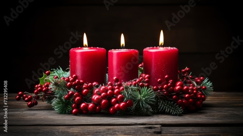 Cozy christmas scene  two lit red candles in berry wreath with festive decor on rustic wooden background - copy space available
