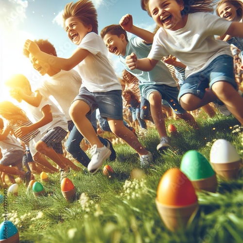 Close-up of a joyful Easter egg roll competition on a grassy hillside Energetic and festive Perfect for depicting outdoor Easter activities 