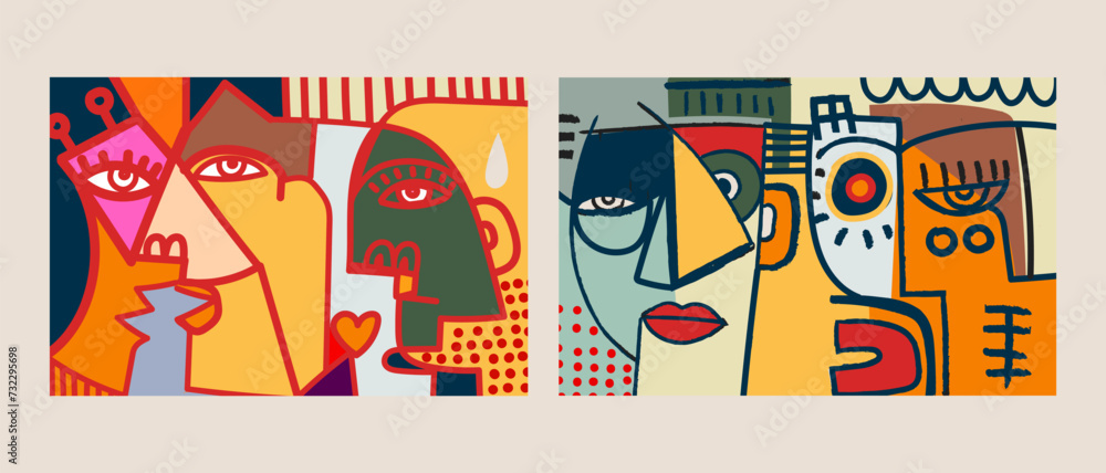 Set of colorful abstract  male and female face portrait geometric, doodle, line art, hand drawn vector illustration. Creative graphic with textured and shapes wall art, art print, poster, cover.
