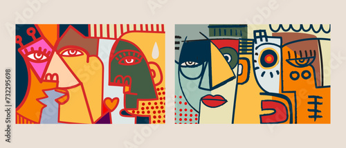 Set of colorful abstract  male and female face portrait geometric, doodle, line art, hand drawn vector illustration. Creative graphic with textured and shapes wall art, art print, poster, cover.