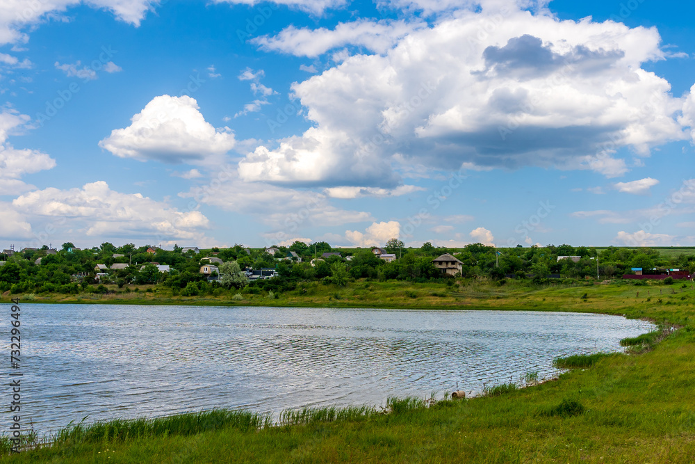 Lake or pond. Background with selective focus and copy space Lake or pond. Background with selective focus and copy space