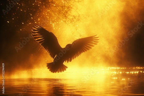 a bird landing on water, Flight scene of just before landing on the water, Art style of photo