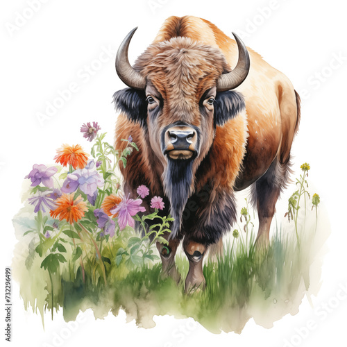 Wild buffalo collage with beautiful colored flowers, pastel watercolor illustration, PNG file