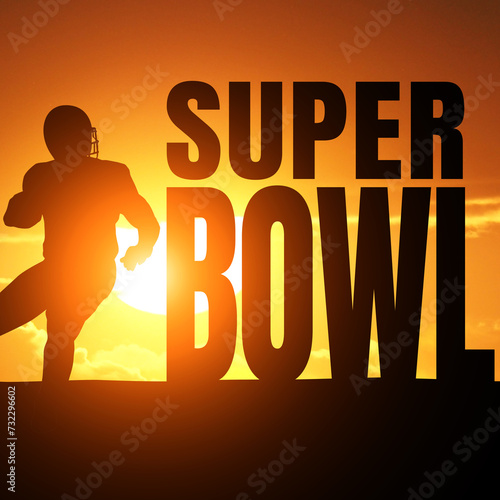 Silhouette of American football quarterback on sunset background. Super bowl. 3d illustration