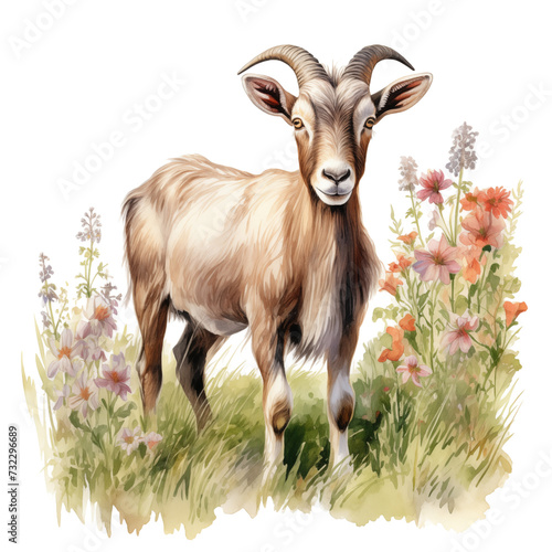 Goat clipart with beautiful colored flowers  pastel watercolor illustration  PNG file