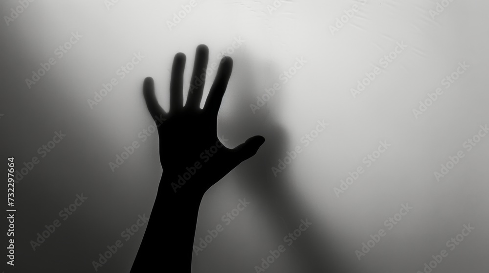 Hand silhouette on grey background. Blurred human hand shape out of focus