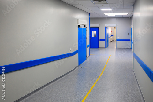 Corridor in a modern hospital. Background with selective focus and copy space