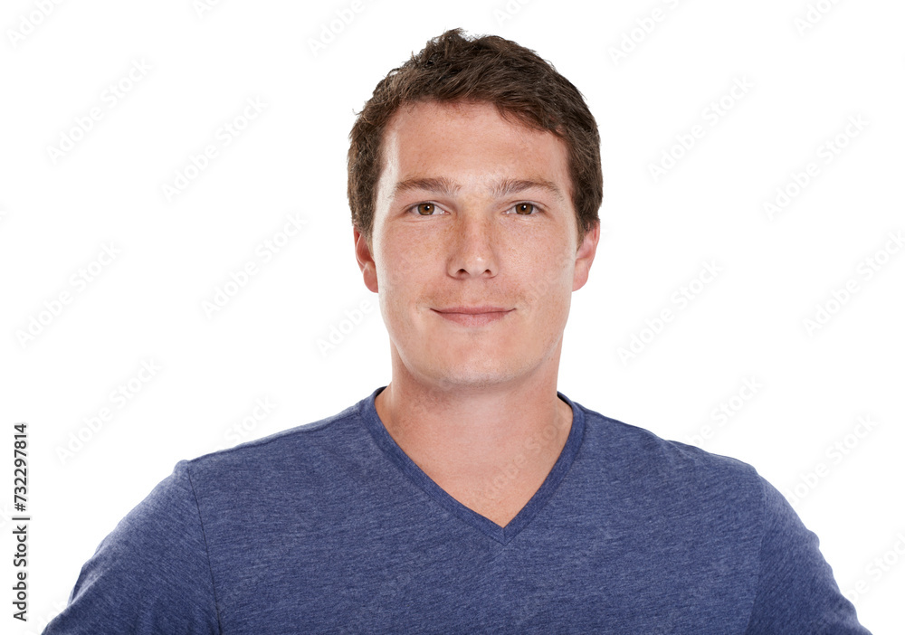 Man, portrait and smile or confidence in studio with relax, good mood or positive attitude with casual t-shirt or style. Young guy, person and face or happy with pride or wellness on white background