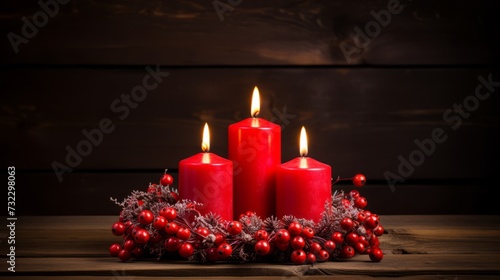 Cozy christmas scene  two lit red candles in berry wreath with festive decor on rustic wooden background - copy space available