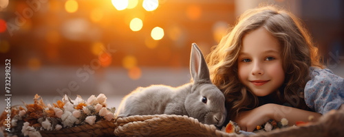 A Little Girl Smiling with her Bunny - A Heartwarming Bond photo