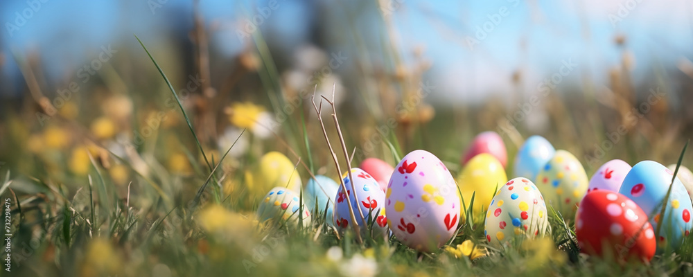Brightly colored eggs nestled in a field of grass Brightly colored eggs nestled in a field of grass