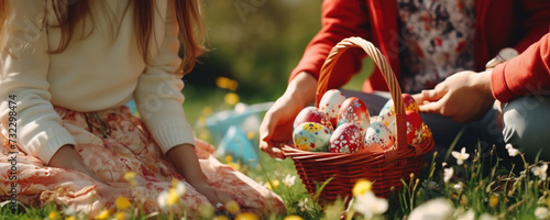 A person sitting on the grass with a basket of decorated eggs and bunny figures.