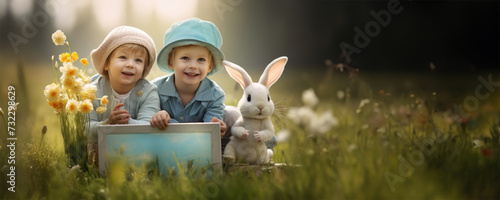 A happy moment shared by two children with their cute bunny friend photo