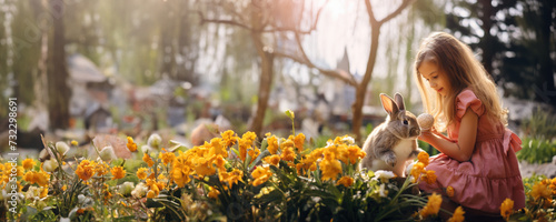 A Little Girl and a Cute Bunny - A heartwarming garden scene