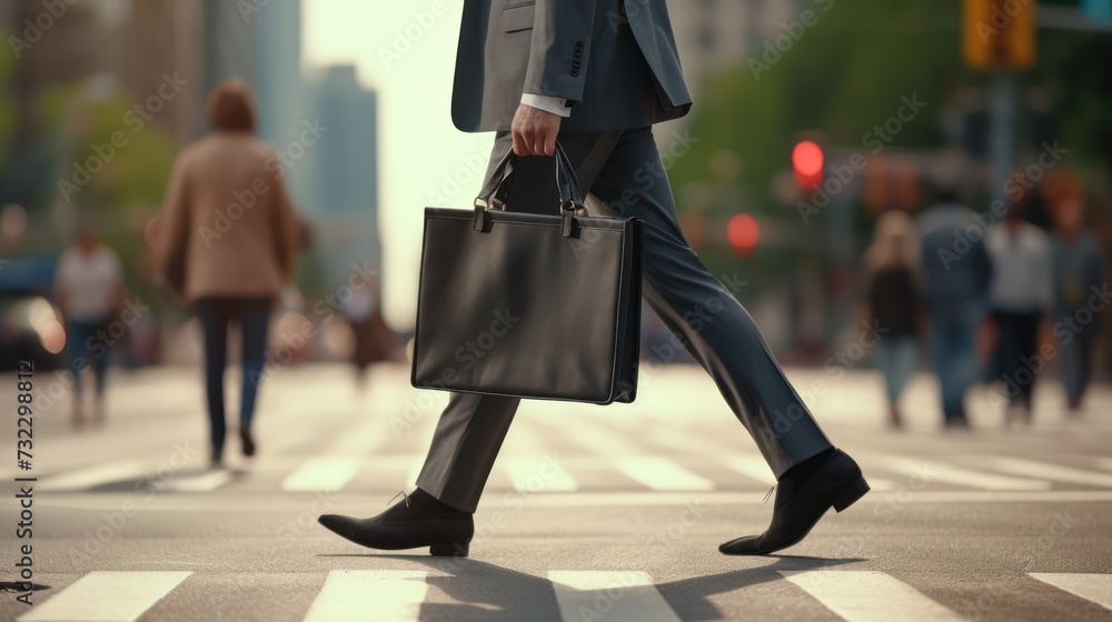 Close-up of legs Businessman crossing the street on the crosswalk and holding a laptop bag in the city. Close-up of legs Businessman crossing the street on the crosswalk and holding a laptop bag in the city.