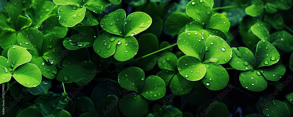 A close-up view of dew-covered green leaves on a plant, likely a shamrock, highlighting the beauty of nature. A close-up view of dew-covered green leaves on a plant, likely a shamrock, highlighting the beauty of nature.