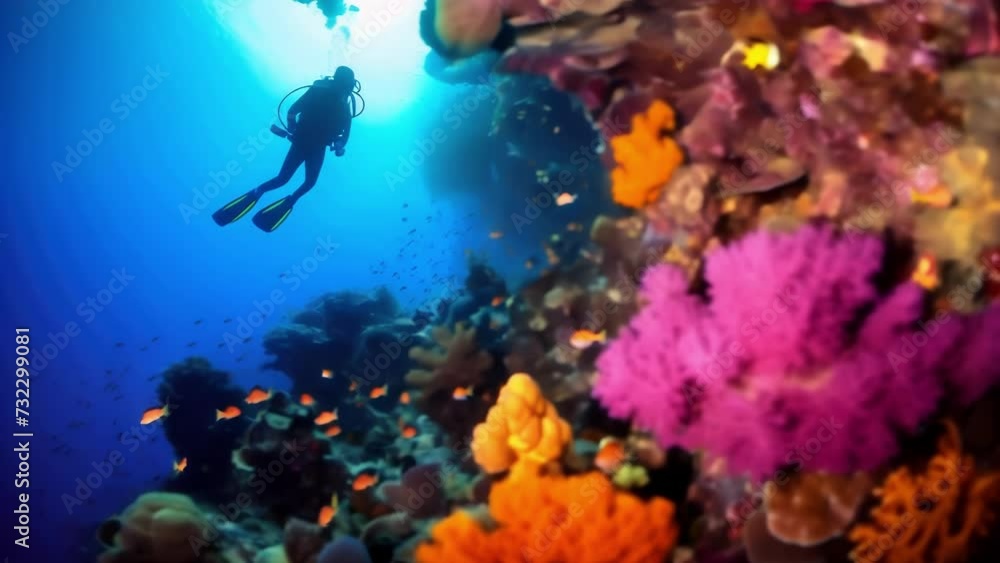 A diver swimming through the deep blue sea safe and surrounded by a healthy coral reef bursting with vibrant colors and life. . . A diver swimming through the deep blue sea safe and surrounded by a healthy coral reef bursting with vibrant colors and life. . .