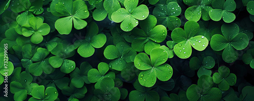 A verdant field of shamrocks with dewdrops