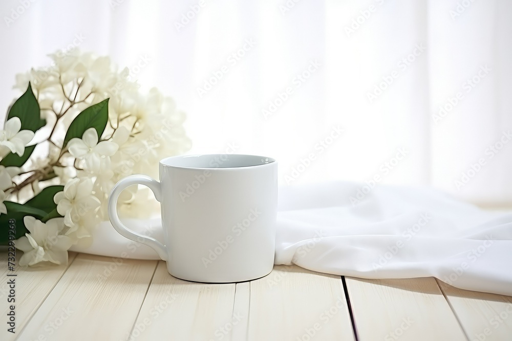 White coffee mug mockup with flower bouquet. White coffee mug mockup with flower bouquet.