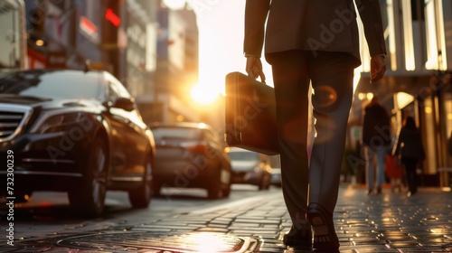 close-up of the legs of a young businessman holding a laptop bag and going to his car, in the city.