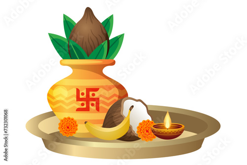 auspicious kalash and pooja thali in hindu culture and tradition vector