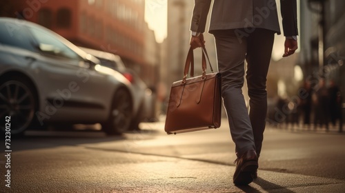 close-up of the legs of a young businessman holding a laptop bag and going to his car, in the city.