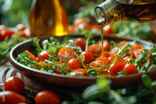 salad and pour salad dressing olive oil in dish. Organic Vegetables mix all green salad In bowl. vegetable Greek salad with ripe tomatoes, cucumbers, onions, and olives, dressed with olive oil.