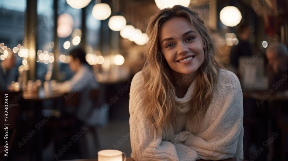 Portrait of girl in cafe. Pretty young woman sitting at table in coffee shop. Concept of youth, leisure and recreation. AI generated