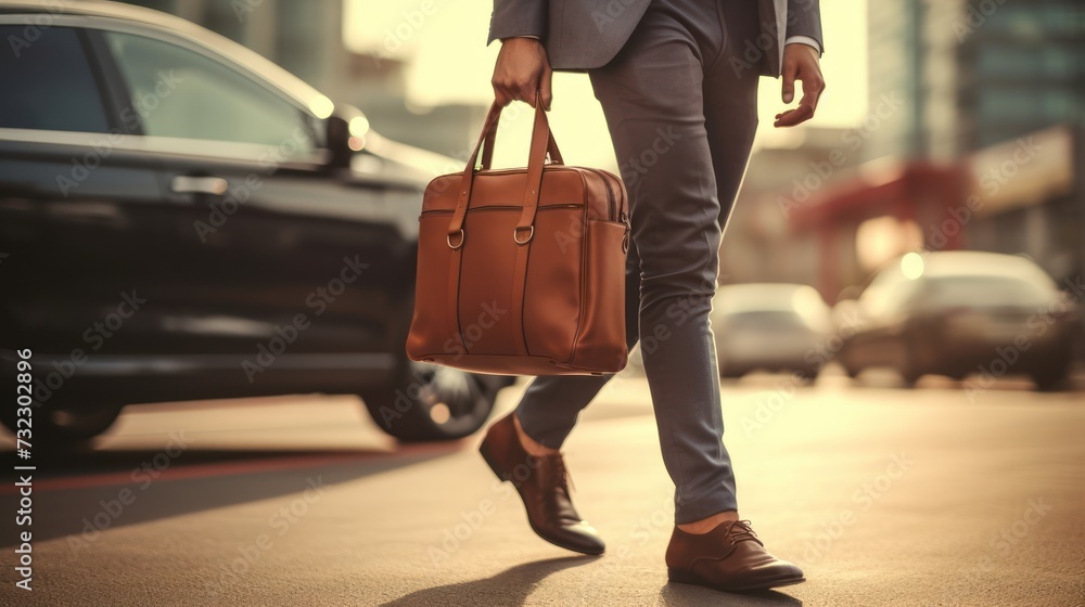 close-up of the legs of a young businessman holding a laptop bag and going to his car, in the city. close-up of the legs of a young businessman holding a laptop bag and going to his car, in the city.
