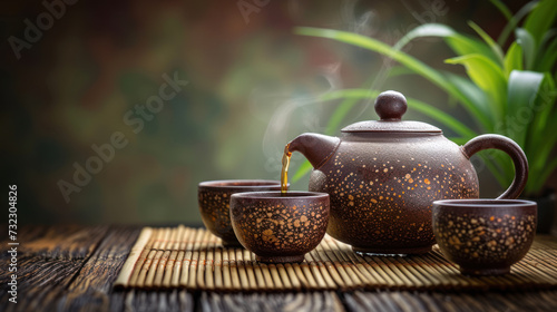 Brown teapot pouring tea into cups on bamboo mat.