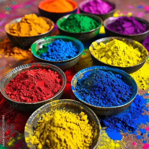 Holi color powder. Organic Gulal colours in bowl for Holi festival, Hindu tradition festive © MMAJID
