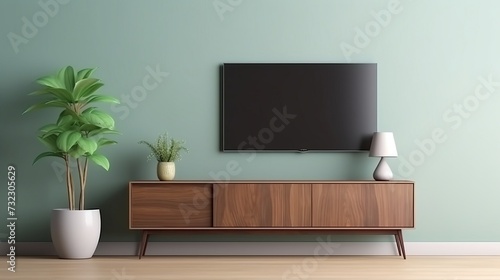 Interior mockup living room. cabinet for TV or place object in modern living room with lamp, table, flower and plant.
