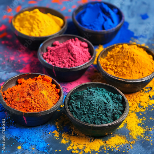 Holi color powder. Organic Gulal colours in bowl for Holi festival, Hindu tradition festive