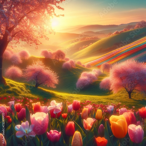 Close-up of a picturesque Easter sunrise illuminating rolling hills dotted with blossoming cherry trees and vibrant tulip fields Serene and breathtaking Ideal for creating a tranquil Easter landscape 