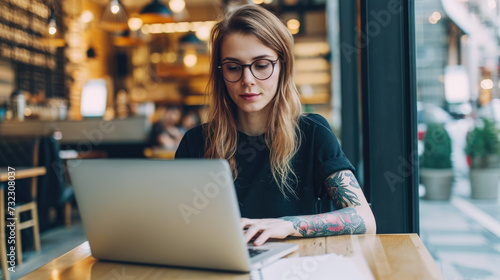 A young woman works at a laptop in a cozy cafe. Remote work and freelancing concept.